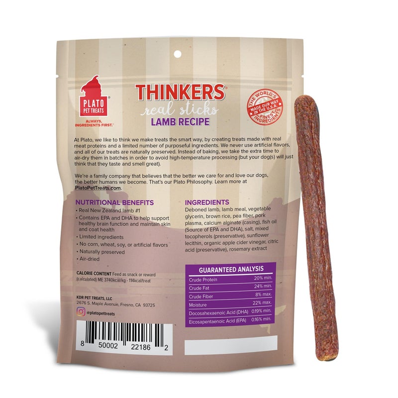 Plato Pet Treats Thinkers - Meat Sticks for Dogs - Limited Ingredient Treats with EPA and DHA to Support Skin, Coat, and Brain - Air-Dried - Lamb 18oz - Image 2